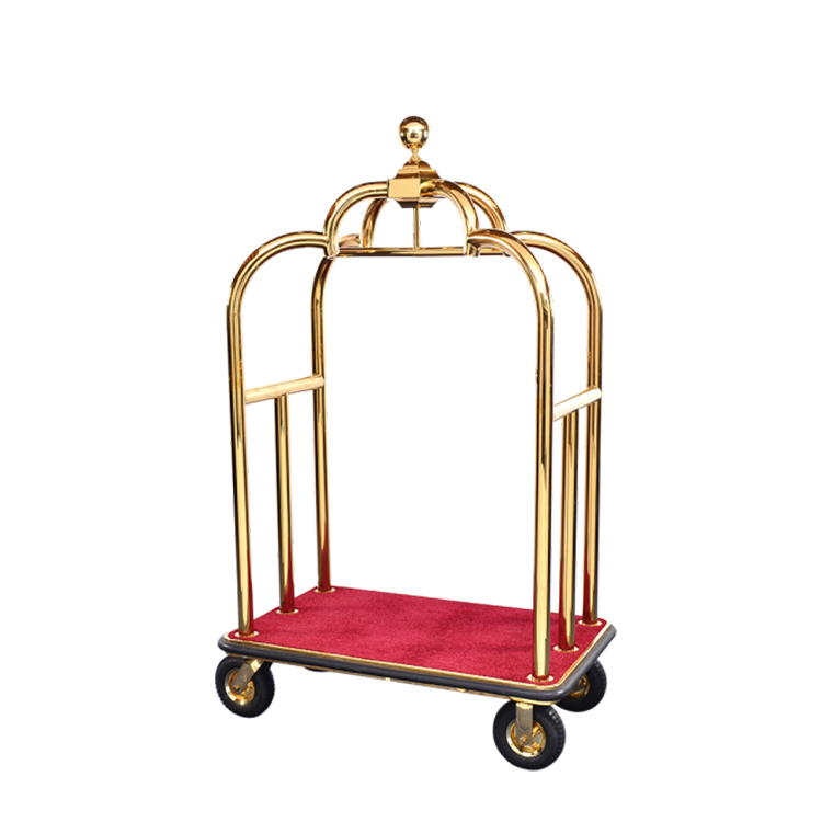 Chariot de bagage de tapis rouge de finition de chrome d'or d'acier inoxydable d'hôtel